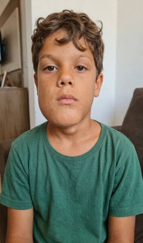 Yuri, menino de cabelos cacheados e camiseta verde, sentado na sala com o rosto inchado pelo caroço